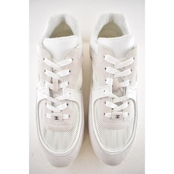 Chanel 20P Mens Triple White Mesh CC Logo Low Top Runner Trainer Sneaker 44 11 - Picture 8 of 13